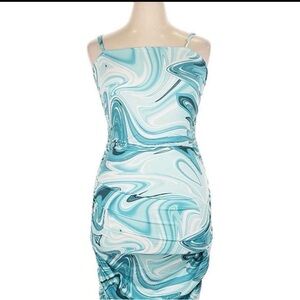 Aqua Marble Print Spaghetti Strap Midi Dress